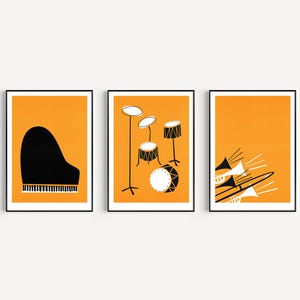 Set van 3 muziekposters: oranje moderne jazz muurkunst uit het midden van de eeuw