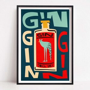 Gin Print: Alcohol Poster, Bar Cart Wall Art, Retro Blue Decor