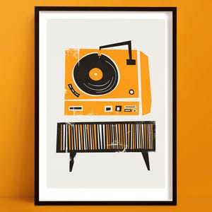 Arte del giradischi, arte murale musicale, stampa musicale retrò per la parete della galleria, stampa di giradischi di metà secolo, poster di giradischi