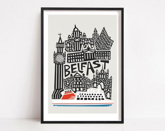 Impression de Belfast, art mural d'Irlande du Nord, affiche de voyage du milieu du siècle, impression de la ville de Belfast avec ferry, plusieurs tailles disponibles