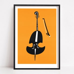 May include: A black silhouette of a cello with a bow on a bright orange background.