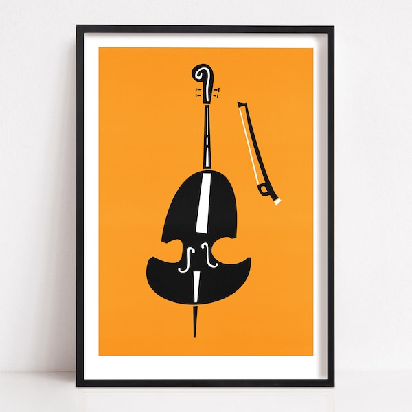 Double Bass Print, Gift for Musician, Music Room Wall Art, Mid Century Art, Jazz Music, Retro Poster, Gift For Bassist, Orange and Black,