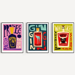 3er-Set Alkoholdrucke: Gin, Prosecco und Whisky Art