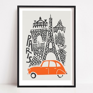 Paris Print, Retro Travel Poster Eiffel Tower, Paris Gift, City Wall Art, France Travel Art, Paris Skyline, Mid Century Modern, Travel Decor