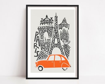 Paris Print, Retro Travel Poster Eiffel Tower, Paris Gift, City Wall Art, France Travel Art, Paris Skyline, Mid Century Modern, Travel Decor