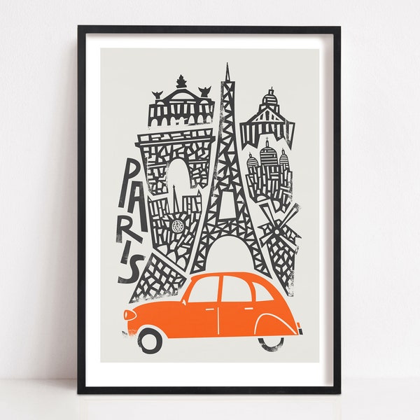 Impression de Paris, affiche de voyage rétro Tour Eiffel, cadeau Paris, art mural ville, art de voyage en France, horizon de Paris, Mid-Century moderne, décoration de voyage