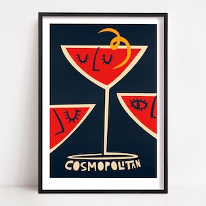 Impresión de cóctel Cosmopolitan, cocina de mediados de siglo, hora del cóctel, decoración de bar, póster de ilustración retro, decoración de cocina, teletrabajo