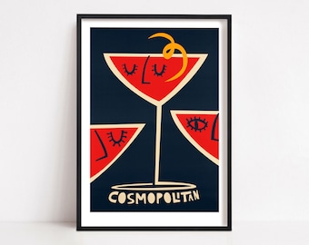 Cosmopolitan Cocktail Print, Mid Century Kitchen, Cocktail Hour, Home Bar Decor, Retro Illustration Poster, Kitchen Decor, Working from Home