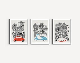 Set of 3 Italy Prints: Rome, Florence, Venice, Gallery Wall Art
