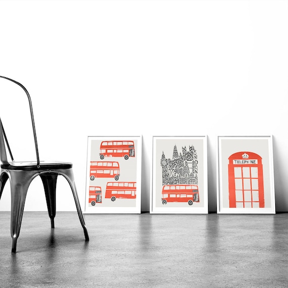 London Set Of 3 Prints London Skyline Husband Gift Retro Travel Poster Living Room Decor Gallery Wall Red Bus Prints British Prints