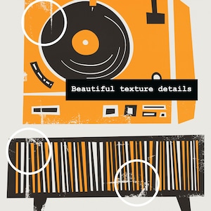 Puede incluir: Un tocadiscos de estilo vintage con un disco de vinilo negro en el plato giratorio. El tocadiscos es naranja con detalles negros y tiene un aspecto desgastado y texturizado. El texto "Beautiful texture details" est&aacute; impreso en la parte delantera del tocadiscos.