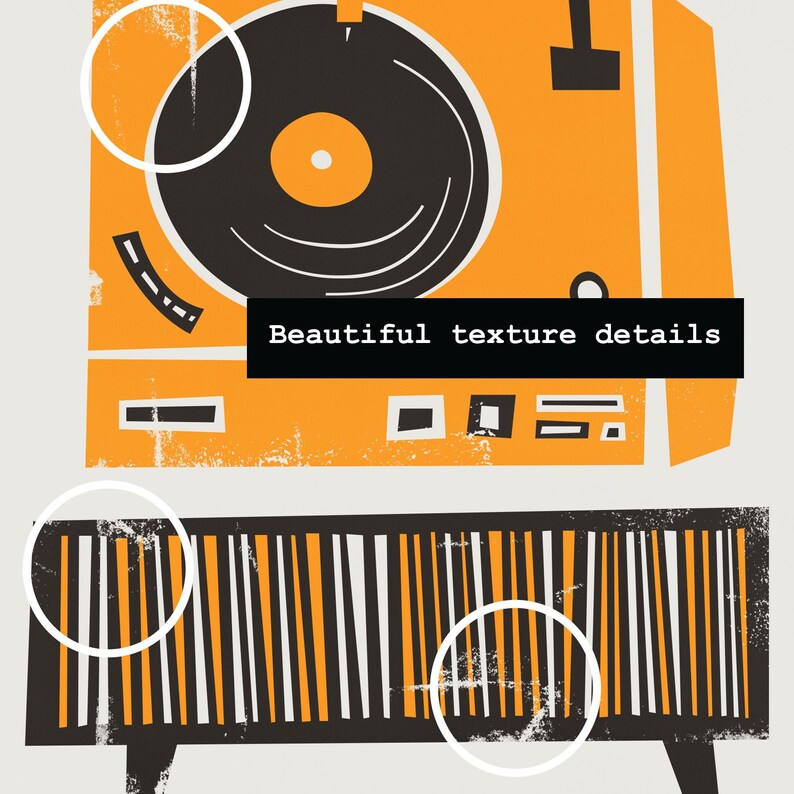 Puede incluir: Un tocadiscos de estilo vintage con un disco de vinilo negro en el plato giratorio. El tocadiscos es naranja con detalles negros y tiene un aspecto desgastado y texturizado. El texto "Beautiful texture details" est&aacute; impreso en la parte delantera del tocadiscos.