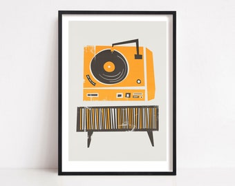 Plattenspieler Kunst, Musik Wandkunst, Retro Musik Print für Galeriewand, Mid Century Turntable Print, Vinyl Deck Poster