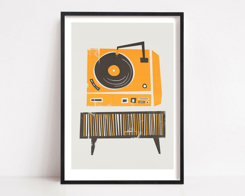 Plattenspieler Kunst, Musik Wandkunst, Retro Musik Print für Galeriewand, Mid Century Turntable Print, Vinyl Deck Poster Bild 1