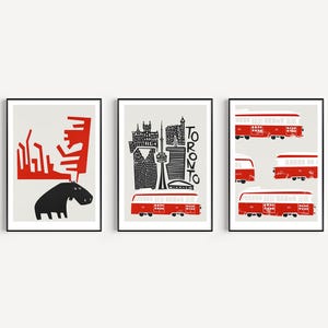 Set of 3 Toronto Prints: Canadian Skyline, Moose And Red Streetcars