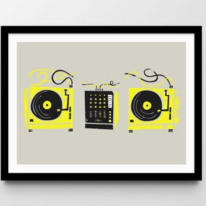 Vinyl DJ Turntables Print: Bright Yellow Music Studio Wall Décor