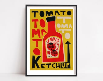 Op de afbeelding: Een gele en rode illustratie van een ketchupfles met de tekst "TOMATO KETCHUP" in zwarte letters. De fles heeft een rood etiket met de tekst "TOMATO KETCHUP" en een afbeelding van twee rode tomaten met gezichten.