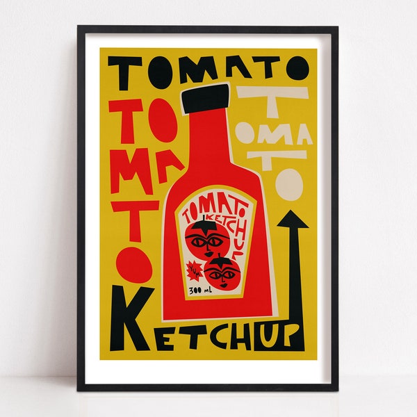 Impresión de salsa de tomate, restaurante de mediados de siglo, decoración de cocina, arte pop de condimentos de comida y bebida, arte de pared de embalaje de estilo vintage