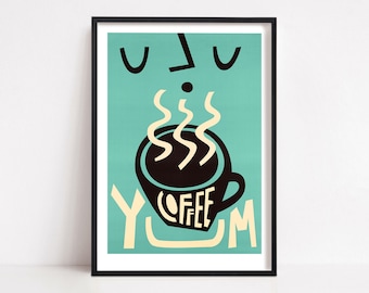 Coffee Print, Coffee Bar Decor, Coffee Lovers Gift, Breakfast Nook Decor, Coffee Poster Big Wall Art Kitchen, Retro Coffee Sign, Teal Art