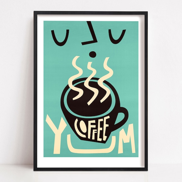 Coffee Print, Coffee Bar Decor, Coffee Lovers Gift, Breakfast Nook Decor, Coffee Poster Big Wall Art Kitchen, Retro Coffee Sign, Teal Art