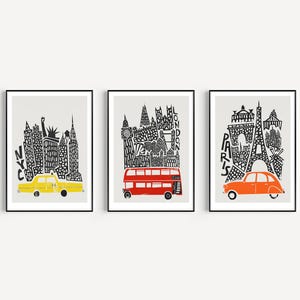 New York London Paris Set of 3 Prints: Travel Themed Art