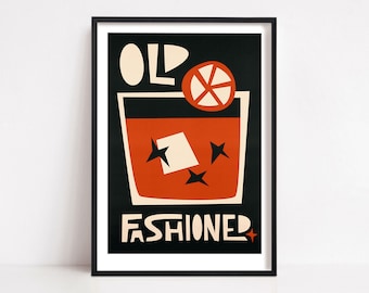 Old Fashioned Cocktail Print: Retro Black Home Bar Cart Decor