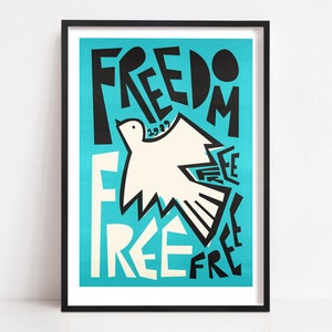 Freedom Print, Typographic Poster with Dove as Peace Symbol, Indie Room Decor, Peace Freedom Wall Art, Pop Art Print, Inspirational Art