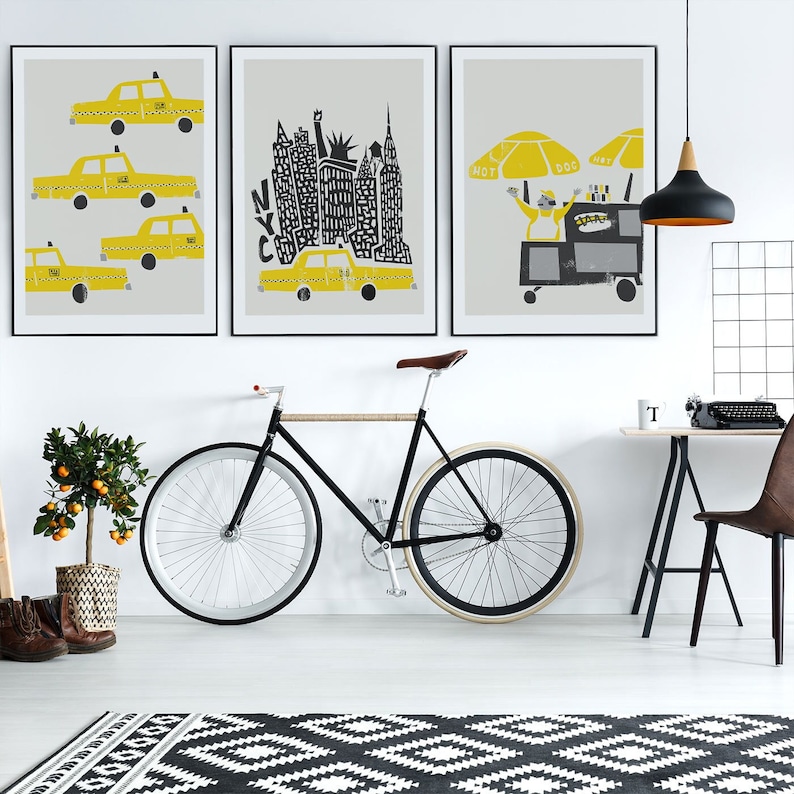 Set of 3 New York Prints, Birthday Gift, New York Wall Art, Cityscape Gallery Wall, NYC Taxi Cab, Yellow Wall Decor Apartment, Travel Art image 1