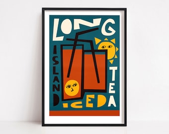 Long Island Iced Tea Cocktail Art Print, Mid Century Kitchen Decor, Food & Drink, Bartender Gift, Restaurant Art, Gift for Him or Her