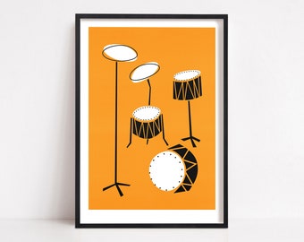 Stampa di batteria, Arte musicale, Moderno di metà secolo, Regalo per papà, Poster illustrativo, Stampa retrò arancione nero, Amanti del jazz, Arredamento appartamento