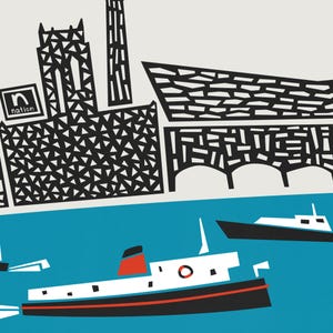 Puede incluir: Una ilustraci&oacute;n en blanco y negro de un horizonte de ciudad con un ferry en primer plano. El horizonte de la ciudad presenta un edificio alto, una iglesia y un puente. El ferry es rojo, blanco y negro con un salvavidas.