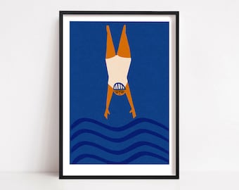 Wild Swimming Diver Print: Blue Sea Water Interior