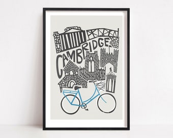Impression de la ville de Cambridge, art du voyage, villes du Royaume-Uni, affiche de l'université, art de la bicyclette, illustration de la bicyclette, typographie du milieu du siècle, art mural de la chambre à coucher