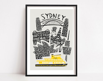 Sydney Cityscape Print, World Cities, Cadeau pour femme ou mari, Décoration intérieure, Cadeau pour une nouvelle maison, Art australien, Architecture, Jaune et Noir