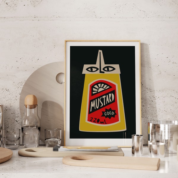 Mustard Bottle Print, Retro Mid Century Diner Wall Art, Foodie Decor, Kitchen Gallery Wall Print, MCM Food and Drink Packaging