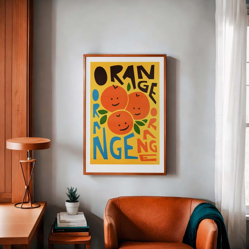 Orange Wall Art: Fruit Print for Kitchen, Retro Colourful Poster, Bright Breakfast Artwork image 9
