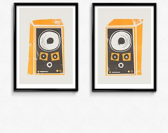 Music Gift, Set of Two Prints, Retro Style Speakers, Mid Century Modern, Music Room Poster, Gift for Music Lover, Bedroom Wall Art Decor