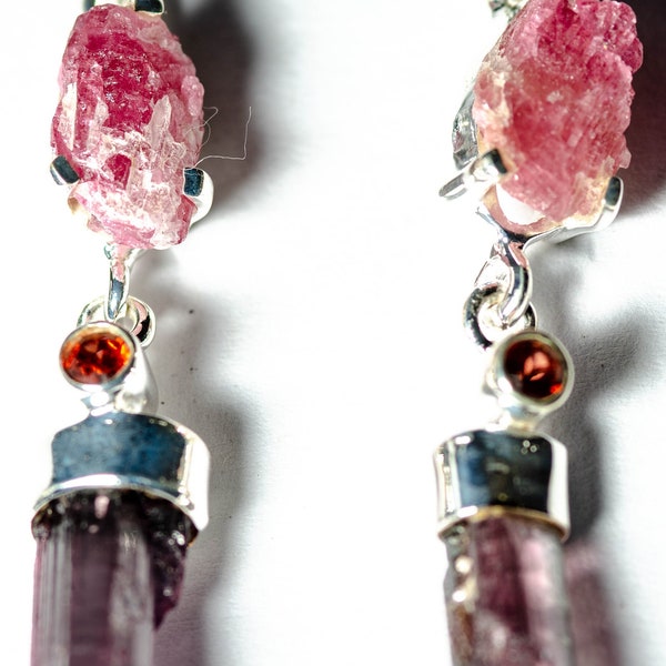 Handmade Raw Natural Ruby, Garnet and Tourmaline Simple dangle drop earrings, boho chic Fashion Statement earrings, multi gem jewelry