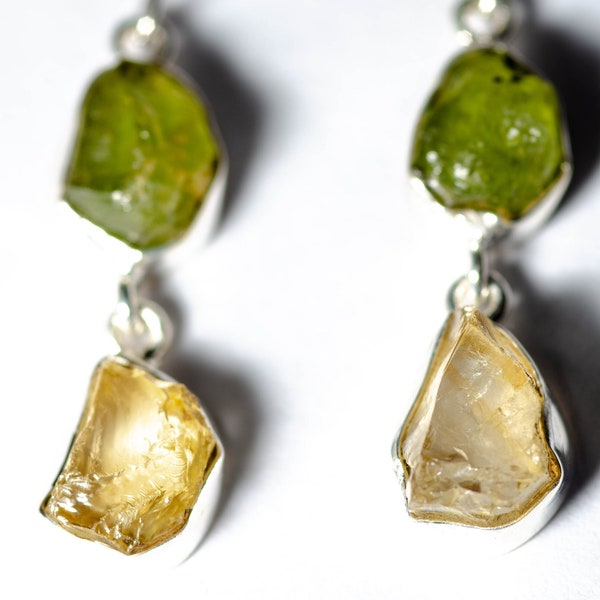 Handmade Raw Peridot and Citrine, Simple dangle drop earrings, boho, chic statement, dinner party earrings. Birthday Gift. November birthday