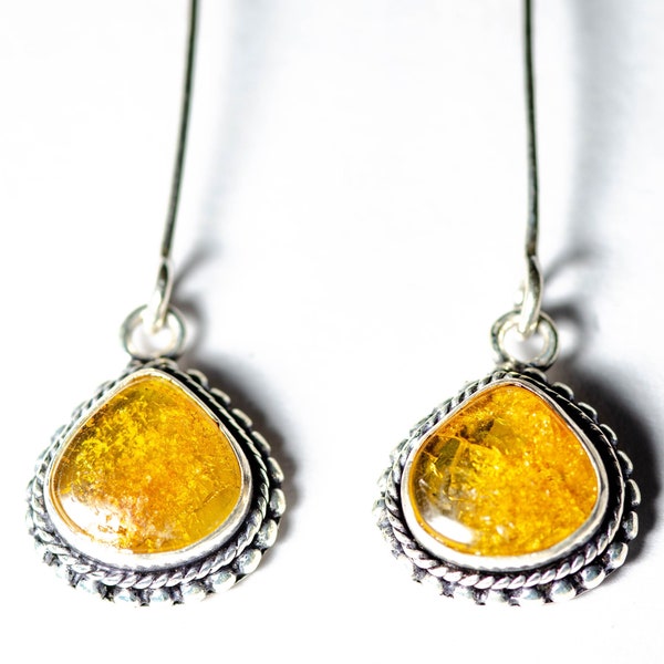 Handmade Natural Amber set in silver, Simple dangle drop earrings, boho, chic statement, dinner party earrings.Birthday or Christmas Gift.