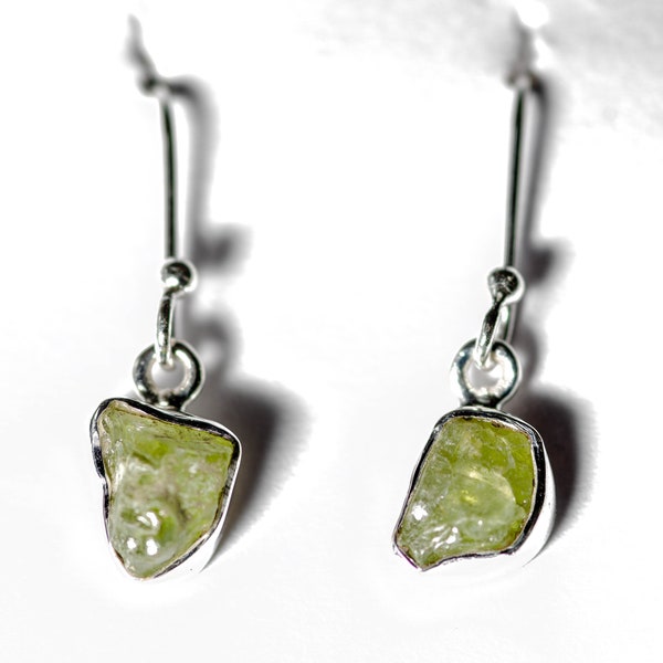 Handmade Raw Peridot, simple dangle drop earrings, boho, chic statement, dinner party earrings. perfect Birthday or Christmas gift for her
