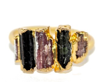 Black and Pink Tourmaline 22K gold ring handmade raw gem tourmaline crystal ring, raw gemstone ring, rough tourmaline bohemian gift