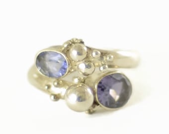 Iolite ring (also known as water sapphire) set in sterling silver with a sprinkling of solid silver balls adjustable ring!