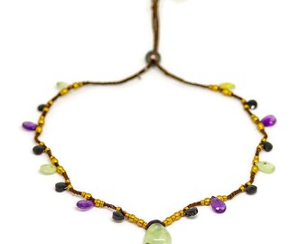 Faceted Prehnite, Amethyst and black Onyx macrame necklace