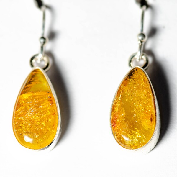 Handmade Natural Amber set in silver, Simple dangle drop earrings, boho, chic statement, dinner party earrings.Birthday or Christmas Gift.