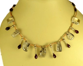 Collar Macrame con granate facetado, cuartos de galón turmalinados, bolas de ónix negro y plata de ley 92 5.