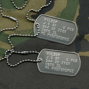 Stainless Steel US Army Dog Tag ID Set, Personalised & Embossed with Chains and Optional Coloured Silencers