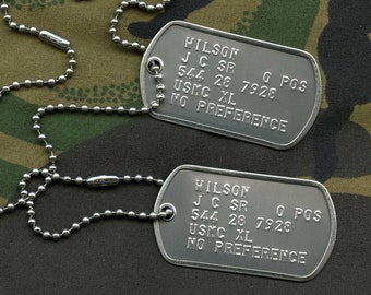 Edelstahl Dog Tag ID Set der US Army, personalisiert & geprägt, mit Ketten und optionalen farbigen Schalldämpfern