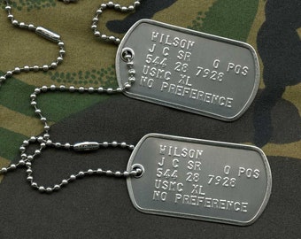 Stainless Steel US Army Dog Tag ID Set, Personalised & Embossed with Chains and Optional Coloured Silencers