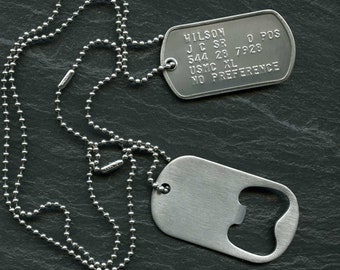 Stainless Steel US Army Dog Tag & Bottle Opener ID Set, Personalised and Embossed with Chains and Optional Coloured Silencer